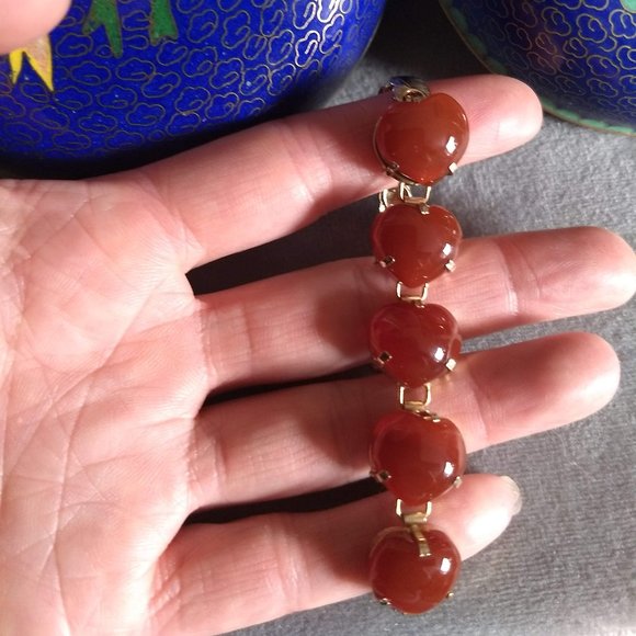 vintage 60s sculptural agate hearts gold links chain bracelet NWOT - Picture 2 of 11